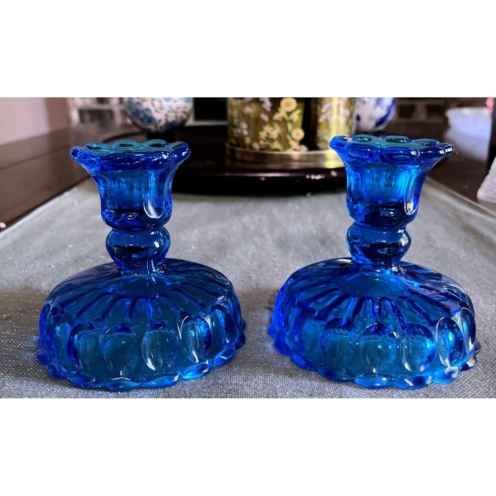FENTON CANDLE HOLDERS THUMBPRINT COLONIAL BLUE